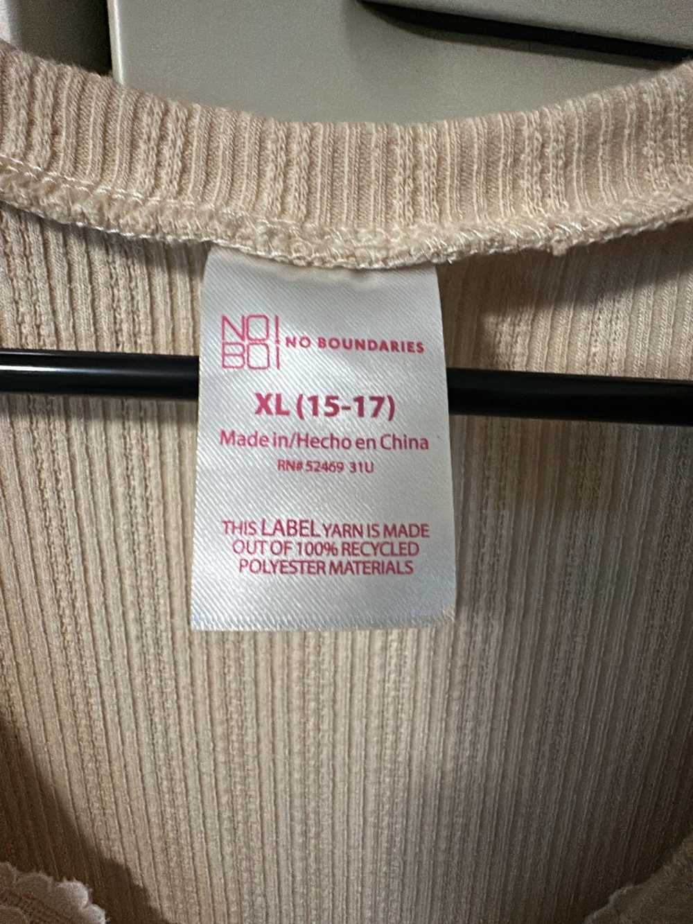 NoBoundaries Women’s Cream Ribbed Top with Lace Trim - Picture 2 of 3